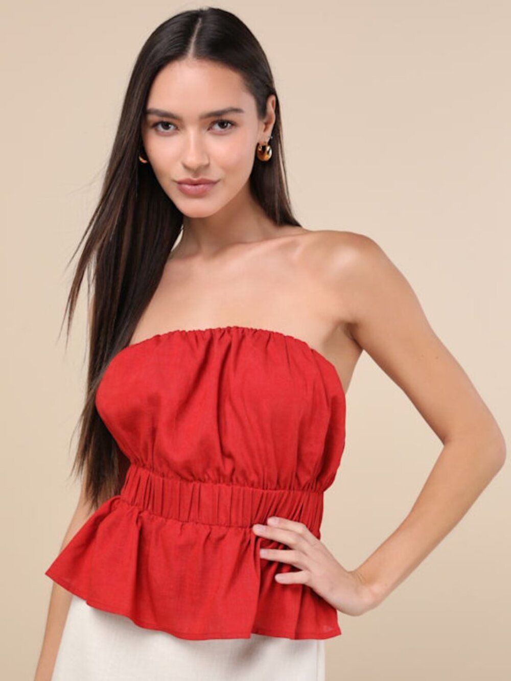 Lulus Georgie Red Strapless Peplum Top - Size L